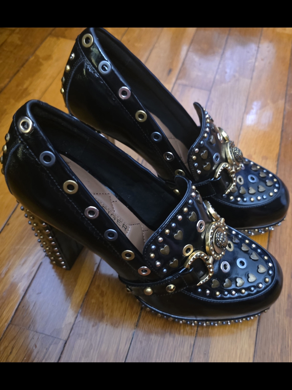 Kurt Geiger Black Patent Heeled Loafers with Gold Hardware, NEW without Box